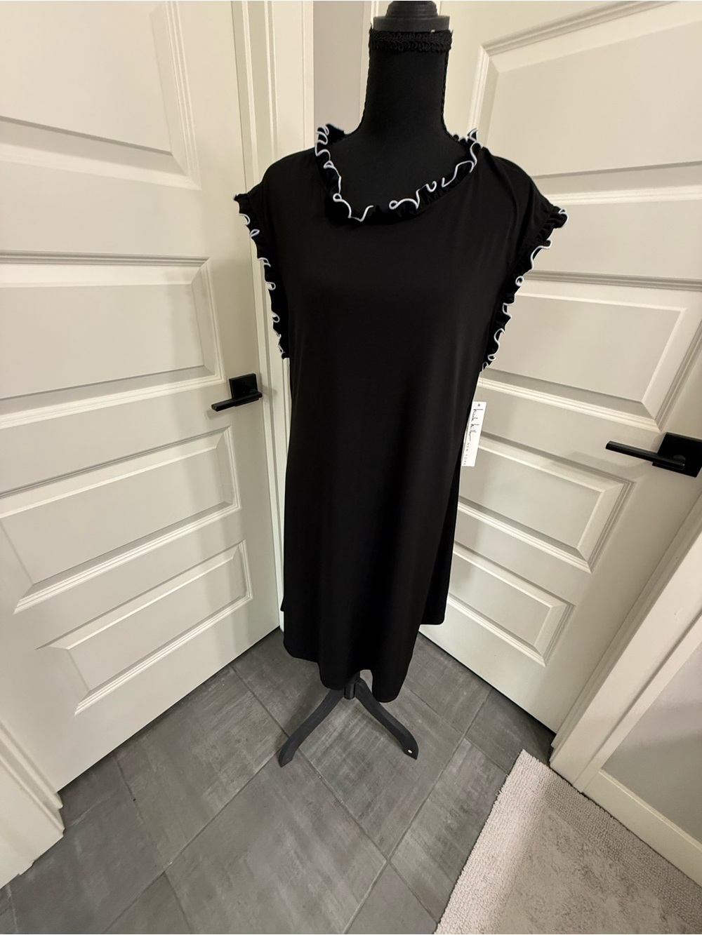 NWT Nicole Miller Black Midi Dress with White Ruffle Trim